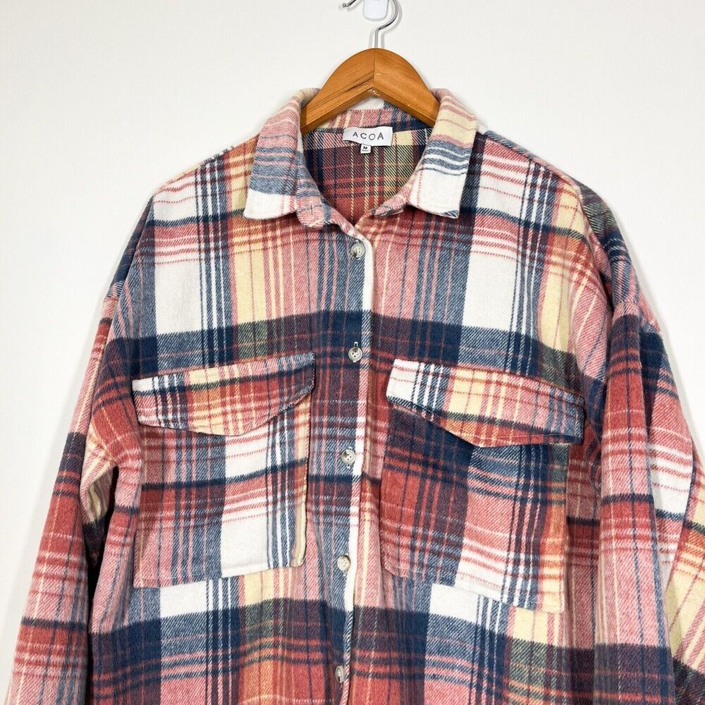 Acoa Wool Blend Oversized Button Up Shacket Shirt Jacket Rust Plaid Size M Basic - Picture 3 of 10